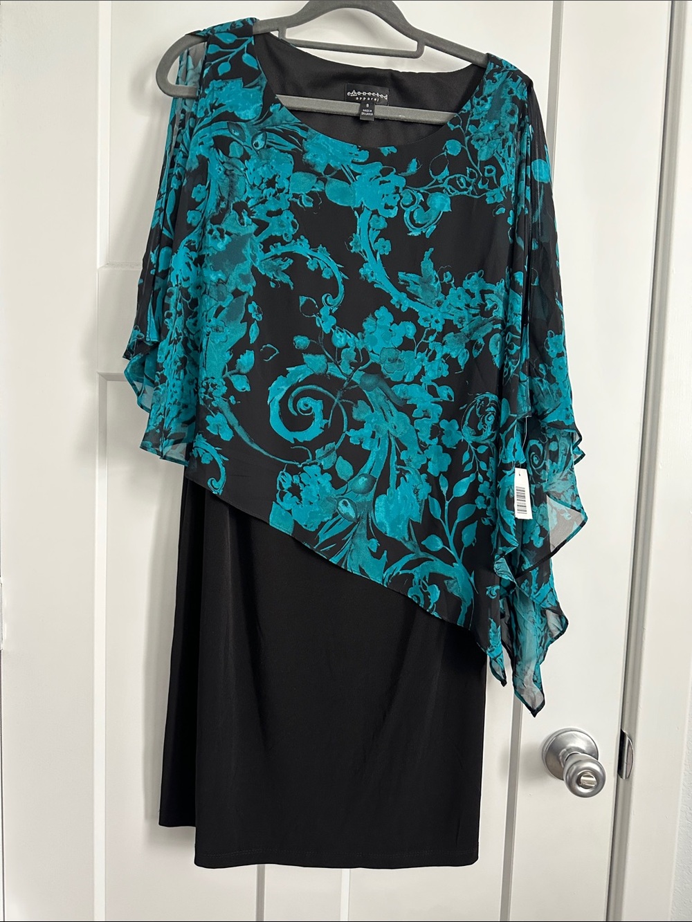 Black Dress with Teal Floral Overlay
